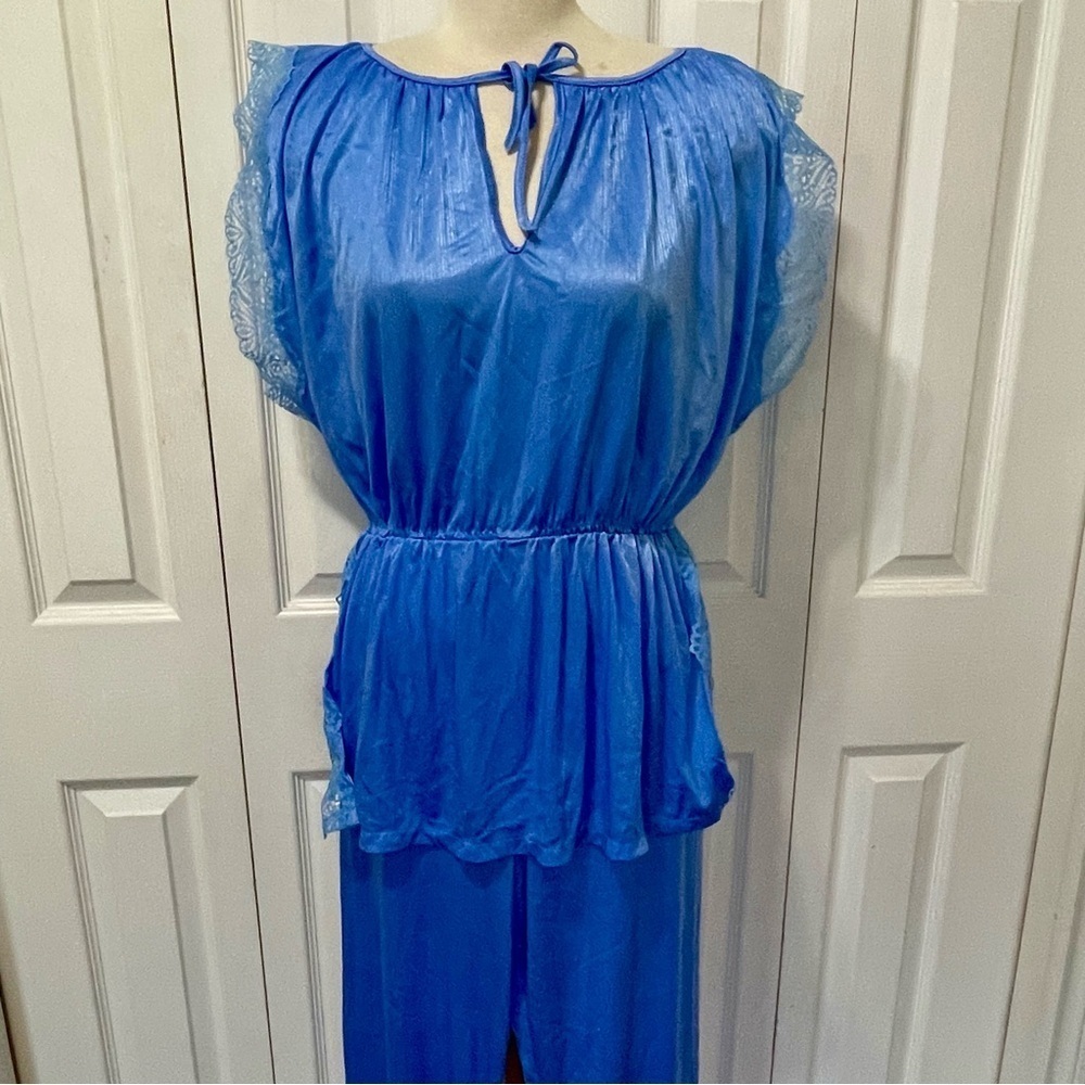 Vintage Blue Satin and Lace Trimmed Pajama Set